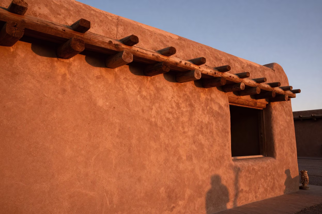 Santa Fe Adobe Architecture in Copper Dusk Light with Local Market Details in in Santa Fe, New Mexico, United States