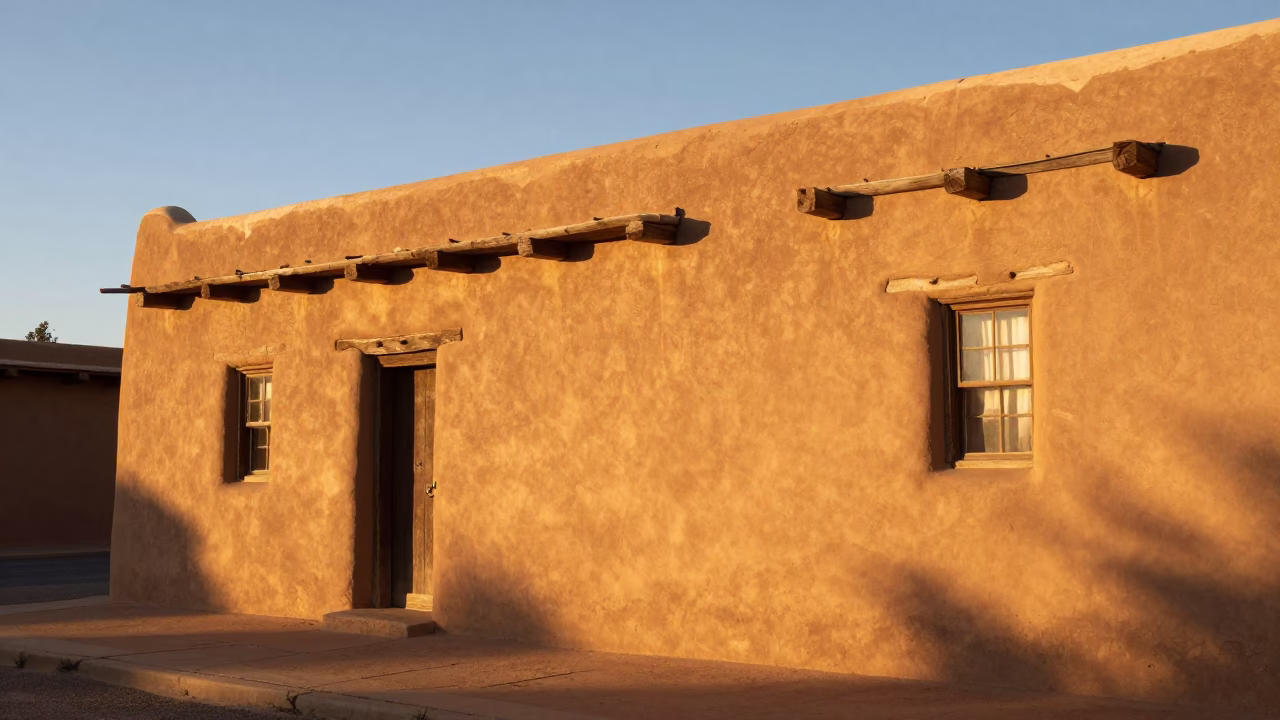 Santa Fe Adobe Architecture in Honeyed Evening Light with Local Street Scene in in Santa Fe, New Mexico, United States