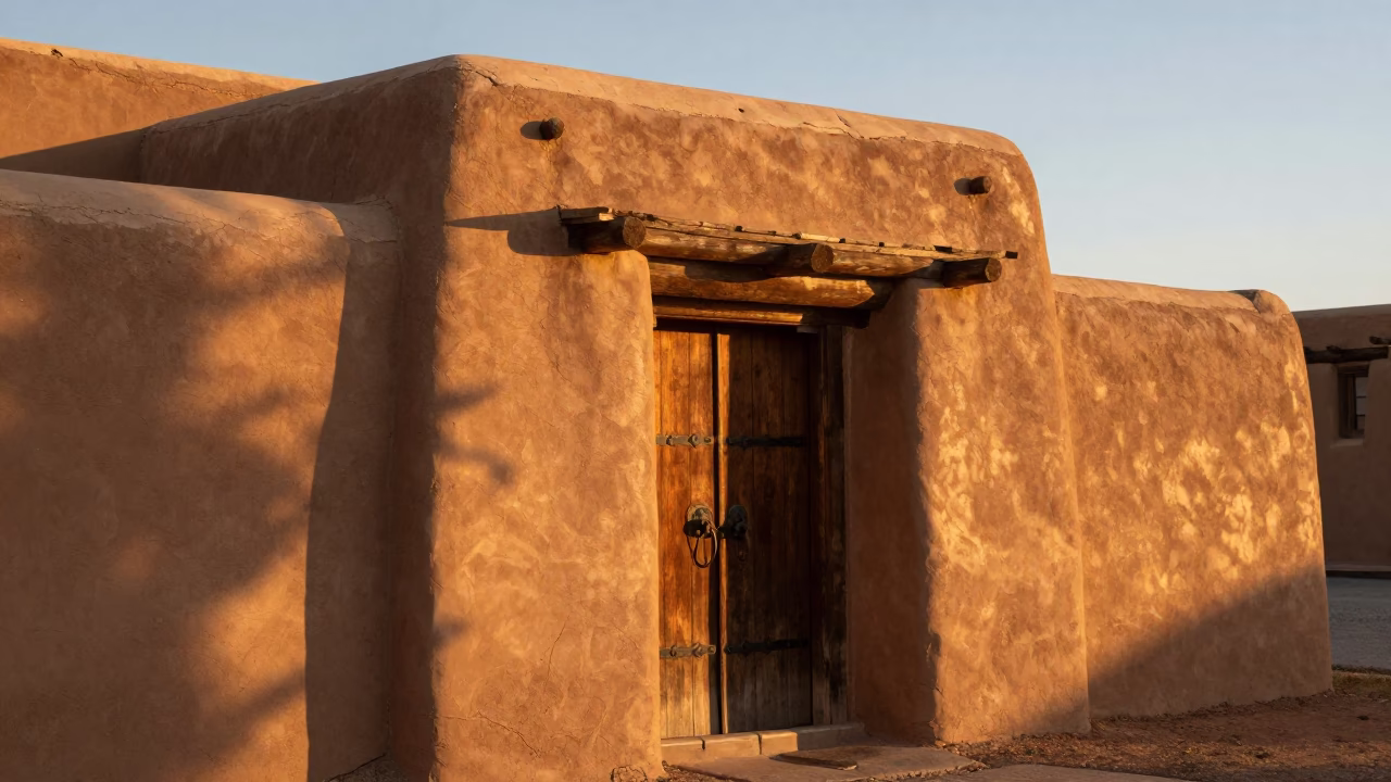 Santa Fe Adobe Architecture in Honeyed Evening Light with Traditional Pottery in in Santa Fe, New Mexico, United States