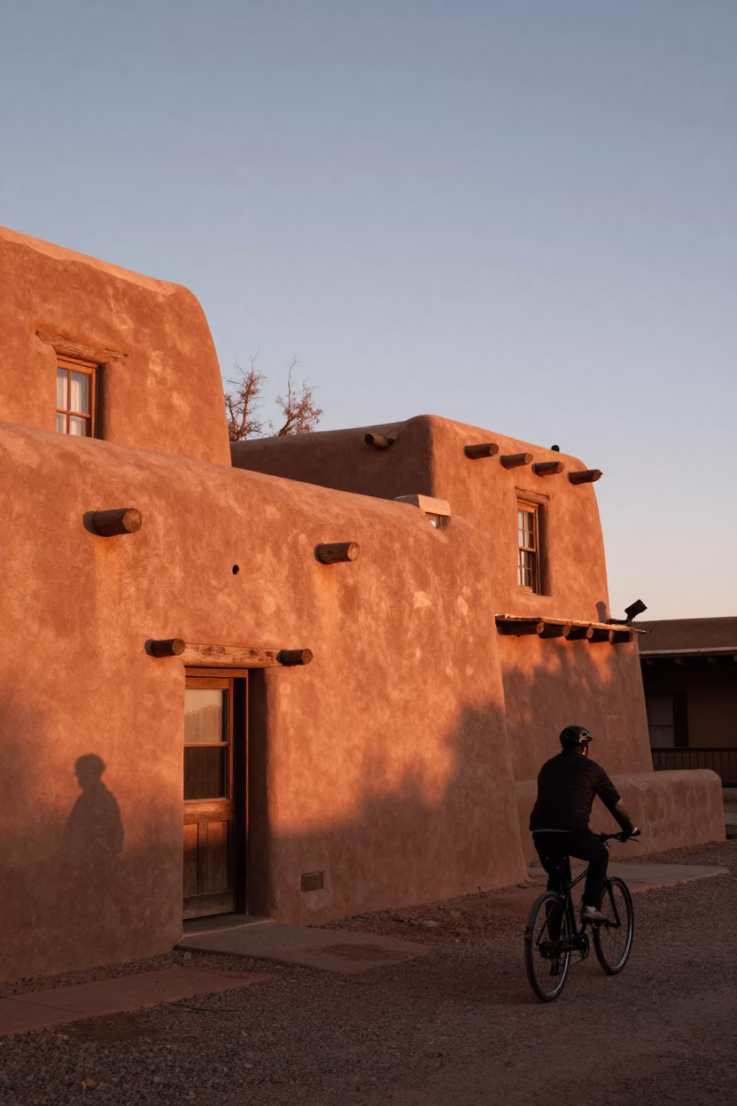Santa Fe adobe architecture under copper dusk light with cyclist passing in in Santa Fe, New Mexico, United States
