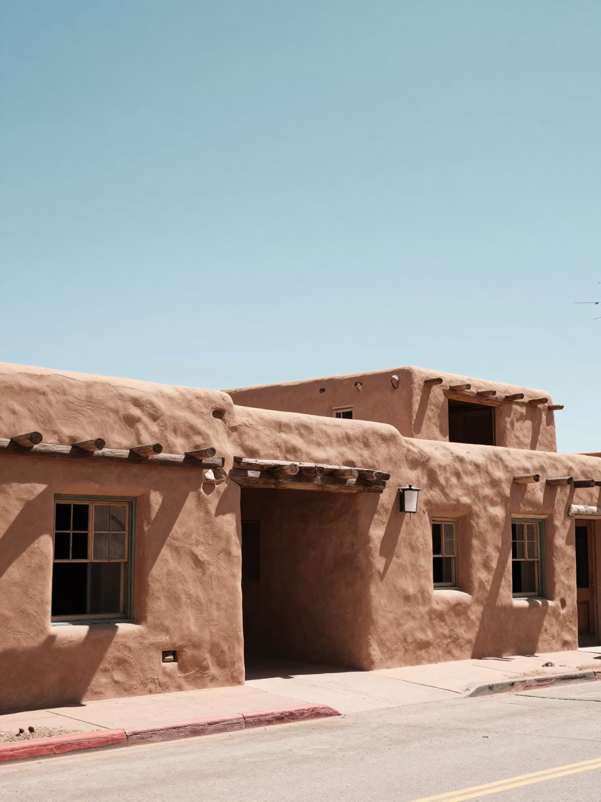 Santa Fe Adobe Architecture Under Flat Noon Glare with Construction Activity in in Santa Fe, New Mexico, United States