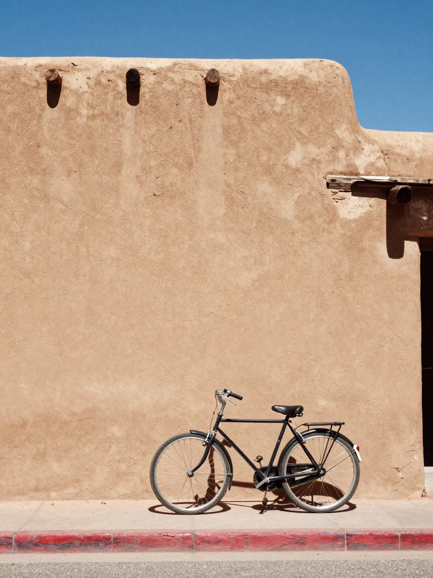 Santa Fe Adobe Architecture Under Harsh Noon Sun With Bicycle And Tin Box in in Santa Fe, New Mexico, United States