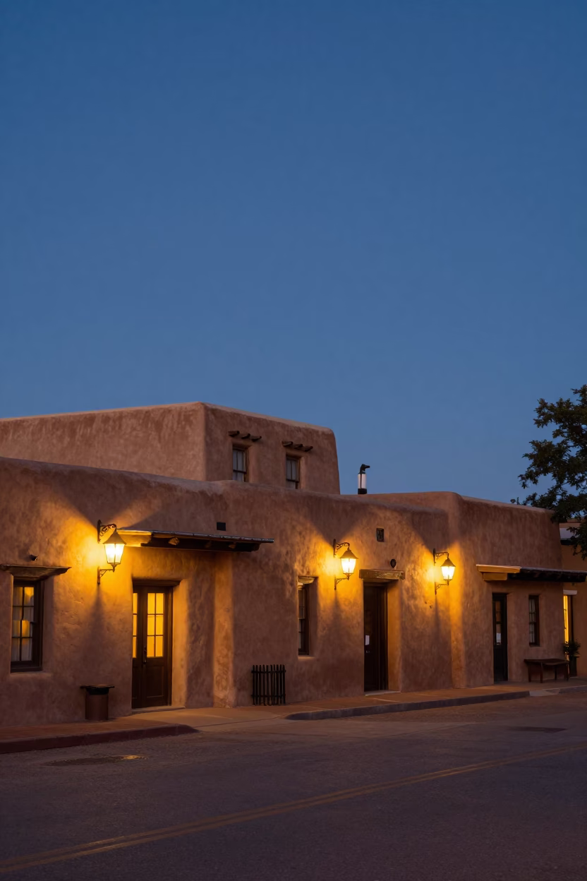 Santa Fe adobe architecture under indigo twilight sky with street lamps illuminating historic plaza in in Santa Fe, New Mexico, United States