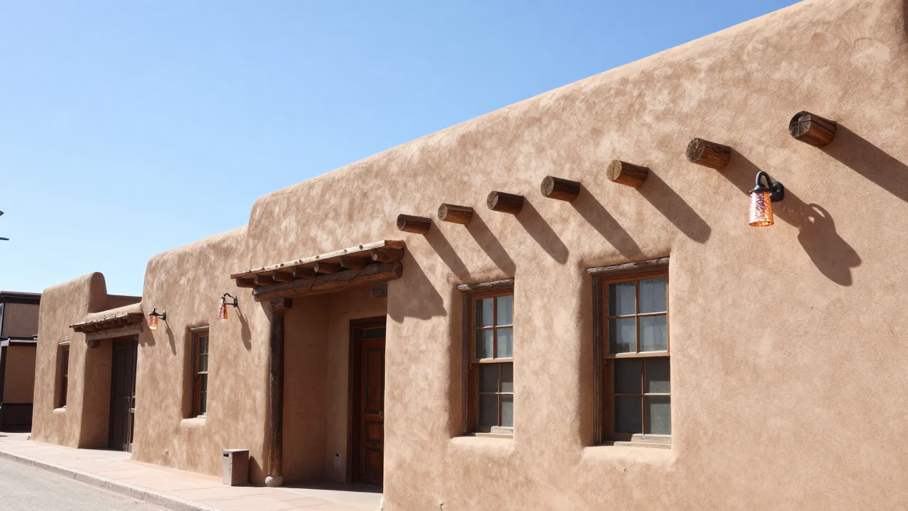 Santa Fe adobe architecture with hammered copper lights in bright midmorning sunlight in in Santa Fe, New Mexico, United States