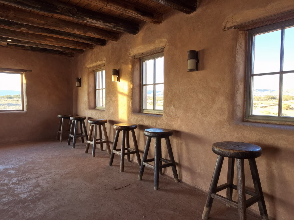 Santa Fe Adobe Bar Stools and Wall Sconces in Late Afternoon Sunlight in in Santa Fe, New Mexico, United States