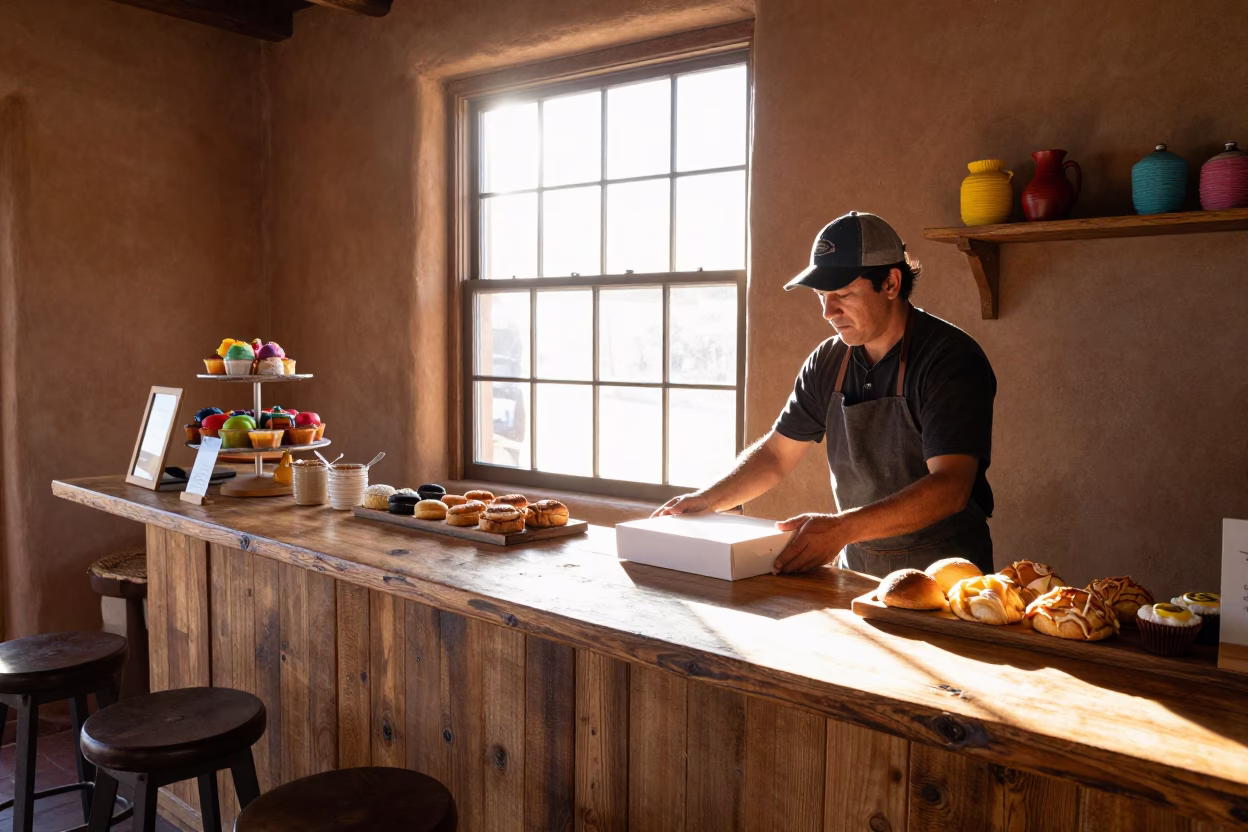Santa Fe Adobe Cafe Interior with Colorful Pastries and Morning Light in in Santa Fe, New Mexico, United States