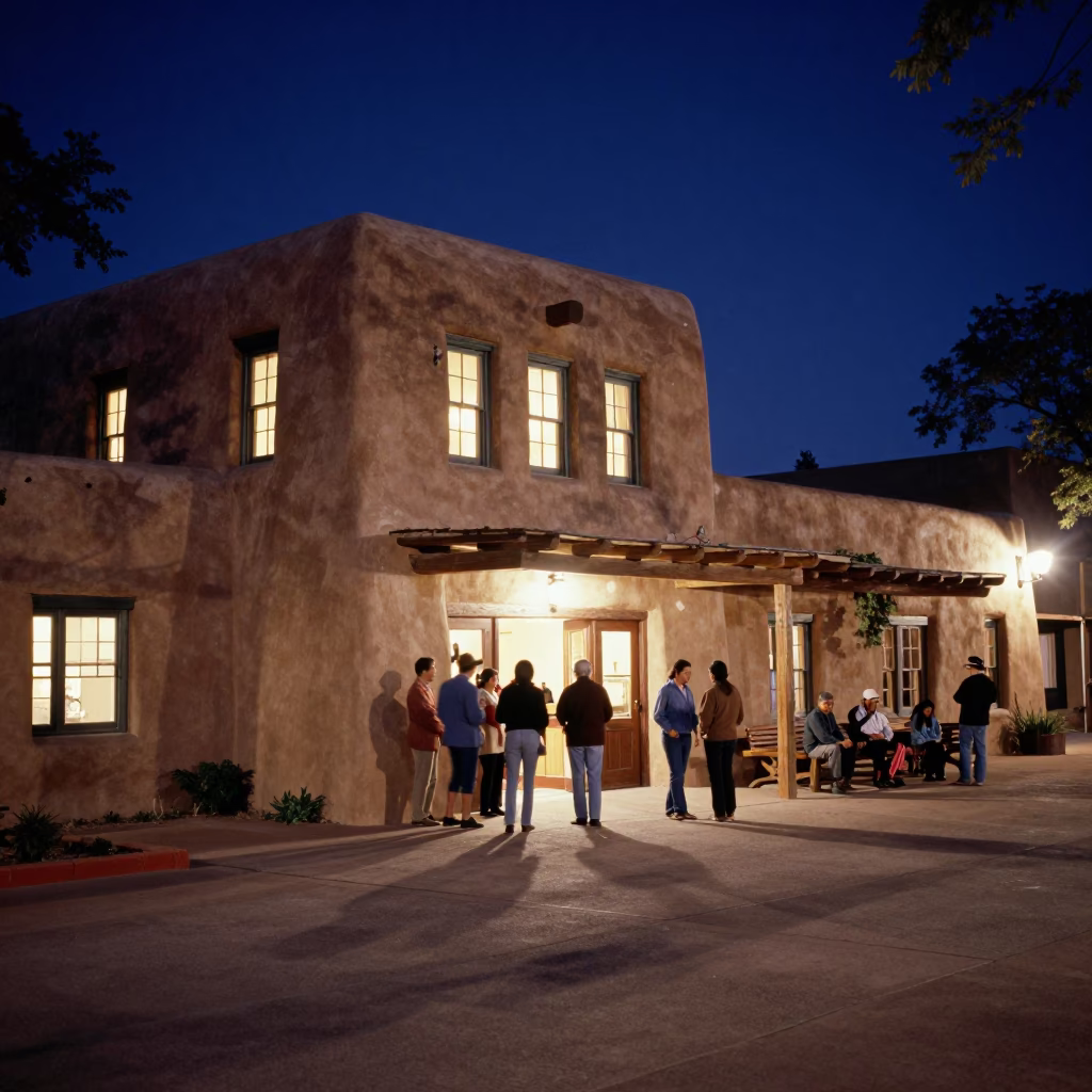 Santa Fe Adobe Courtyard at Midnight Light in in Santa Fe, New Mexico, United States