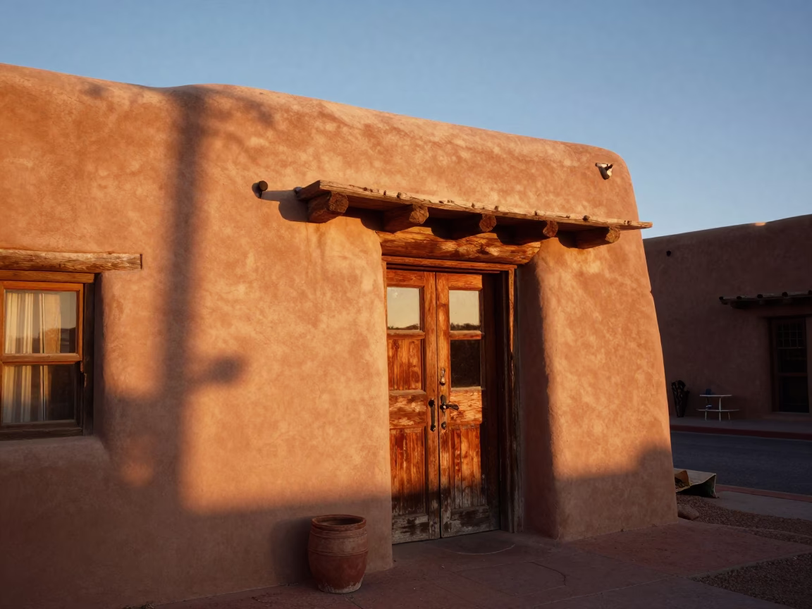 Santa Fe Adobe Courtyard Evening Light and Local Craftsmanship in in Santa Fe, New Mexico, United States
