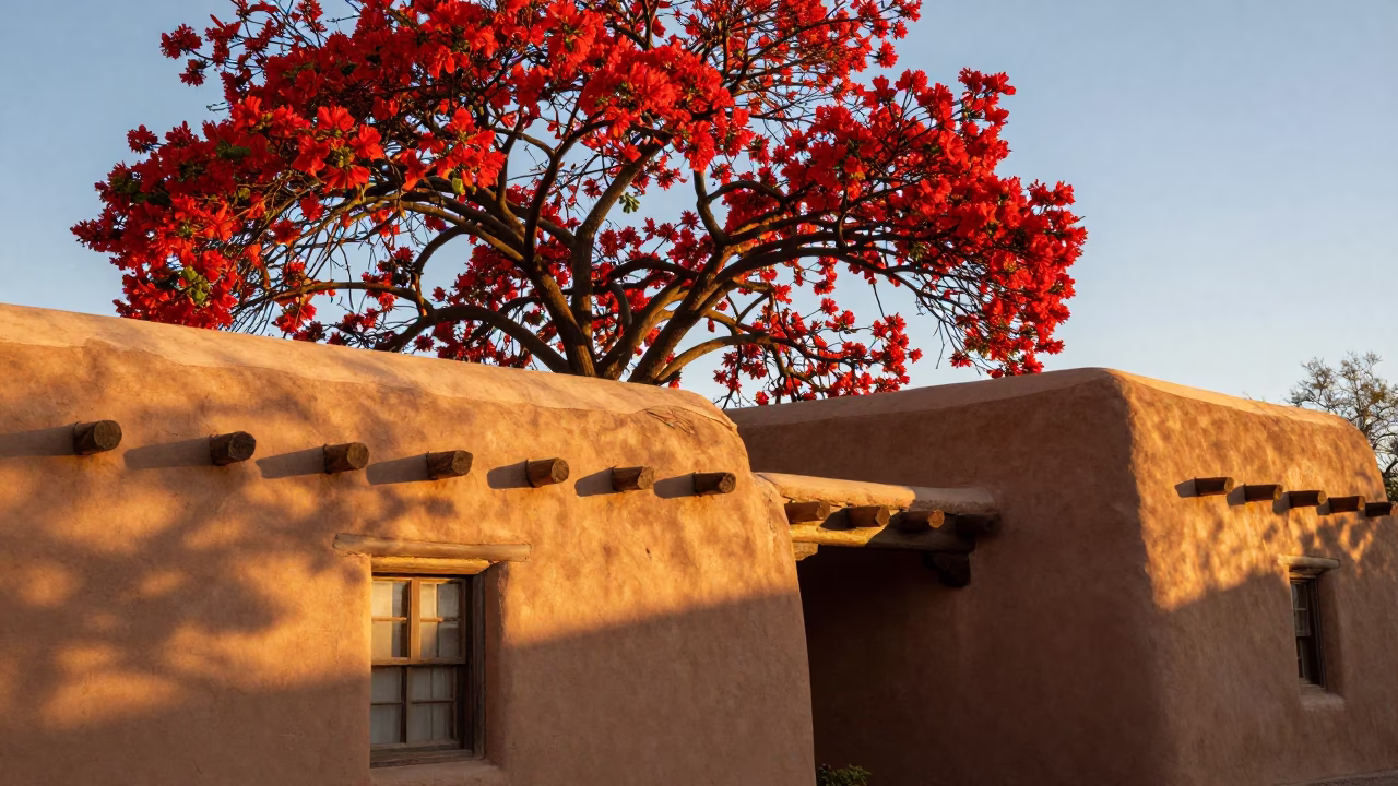 Santa Fe Adobe Courtyard Golden Hour Flame Tree Bloom and Latch Detail in in Santa Fe, New Mexico, United States
