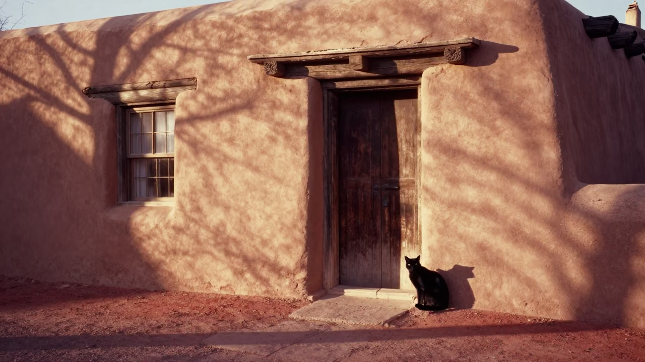 Santa Fe Adobe Courtyard Morning Light with Black Cat and Ceramic Ware in in Santa Fe, New Mexico, United States