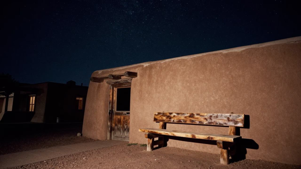 Santa Fe adobe courtyard under starlight with rustic wood bench in in Santa Fe, New Mexico, United States