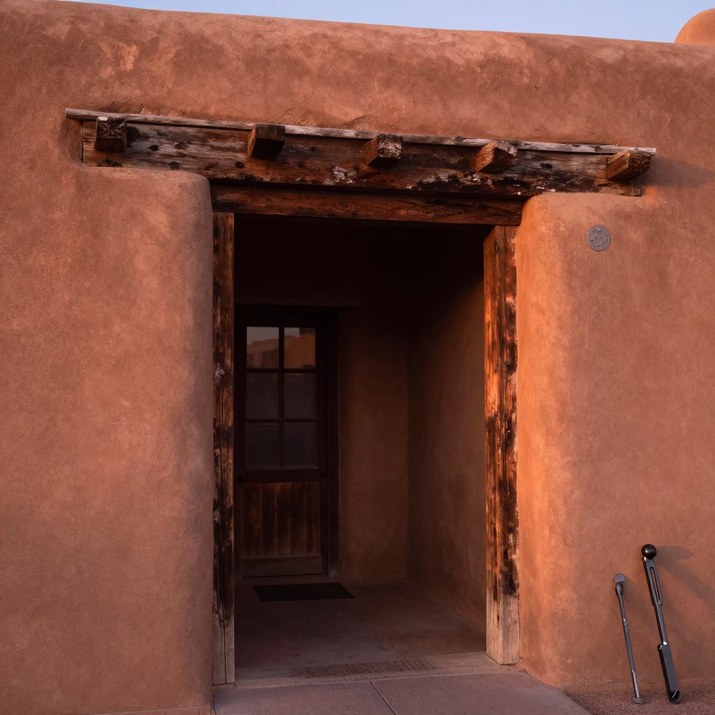 Santa Fe Adobe Doorframe with Tongs and Grease Sheen in Copper Dusk Light in in Santa Fe, New Mexico, United States