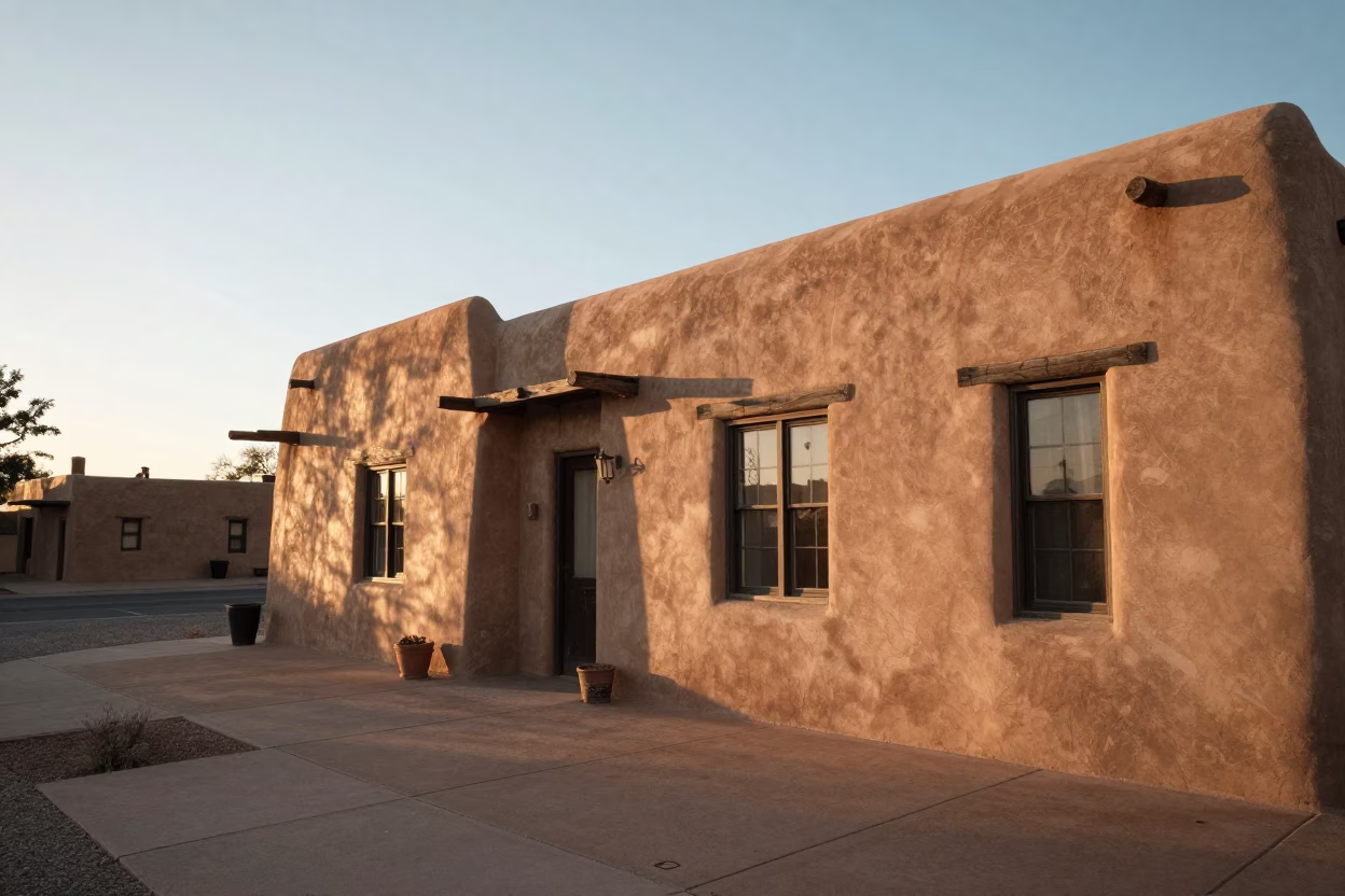 Santa Fe Adobe Exterior at As The Sun Drops Toward The Horizon in in Santa Fe, New Mexico, United States
