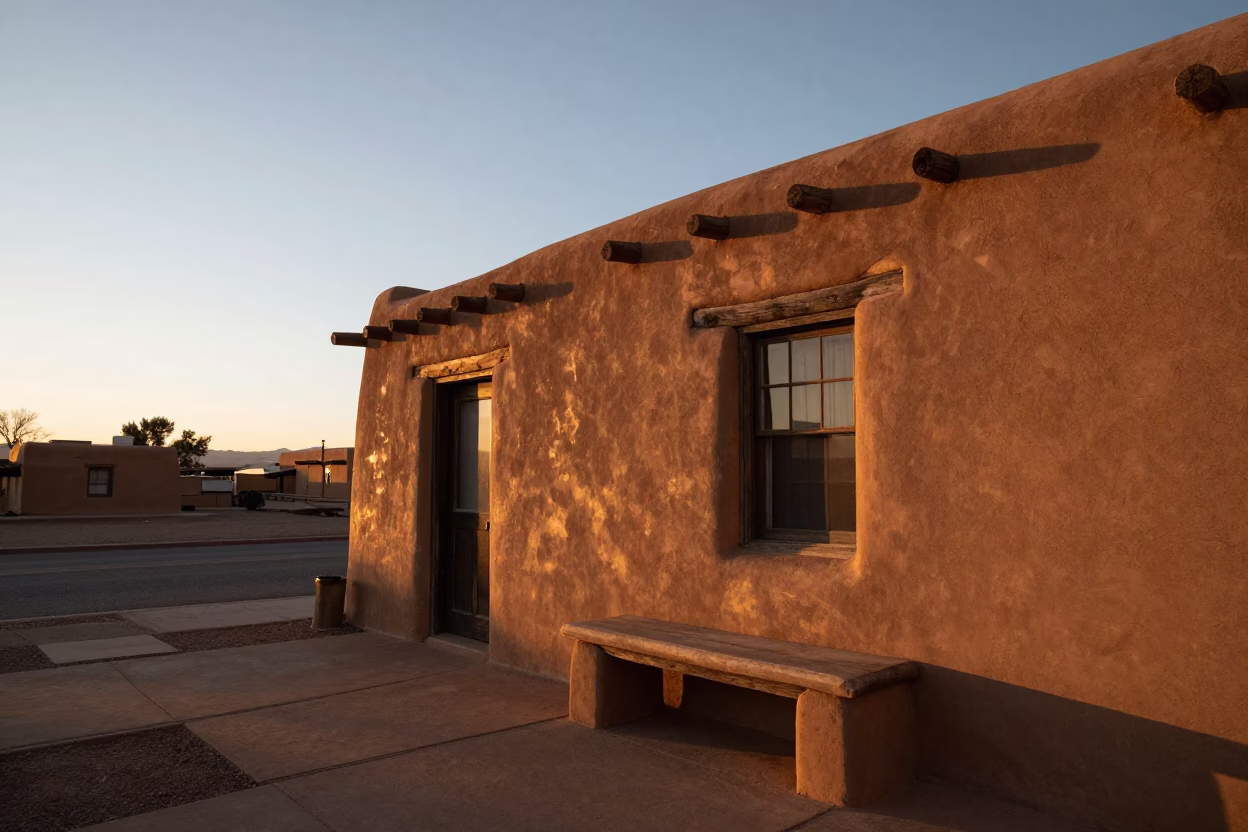 Santa Fe adobe exterior at sunset with adobe bench and adobe wall in in Santa Fe, New Mexico, United States