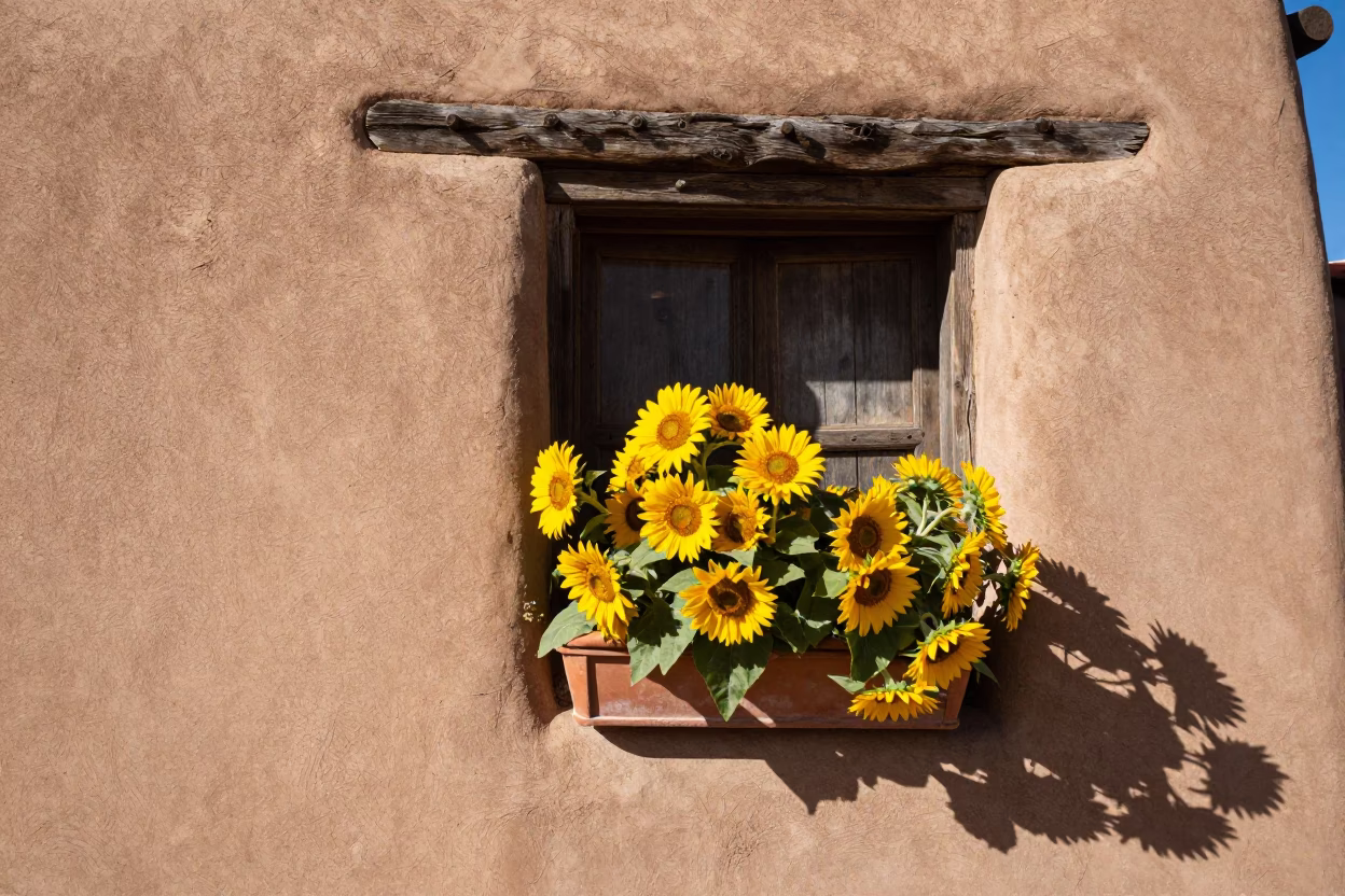 Santa Fe adobe exterior with vibrant sunflowers and rustic door handle in in Santa Fe, New Mexico, United States