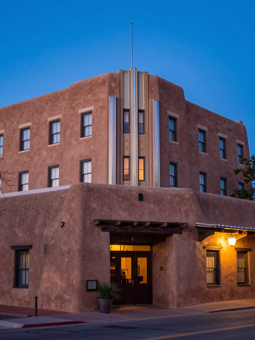 Santa Fe Adobe Facade Twilight Art Deco Hotel Exterior New Mexico Street Photography in in Santa Fe, New Mexico, United States