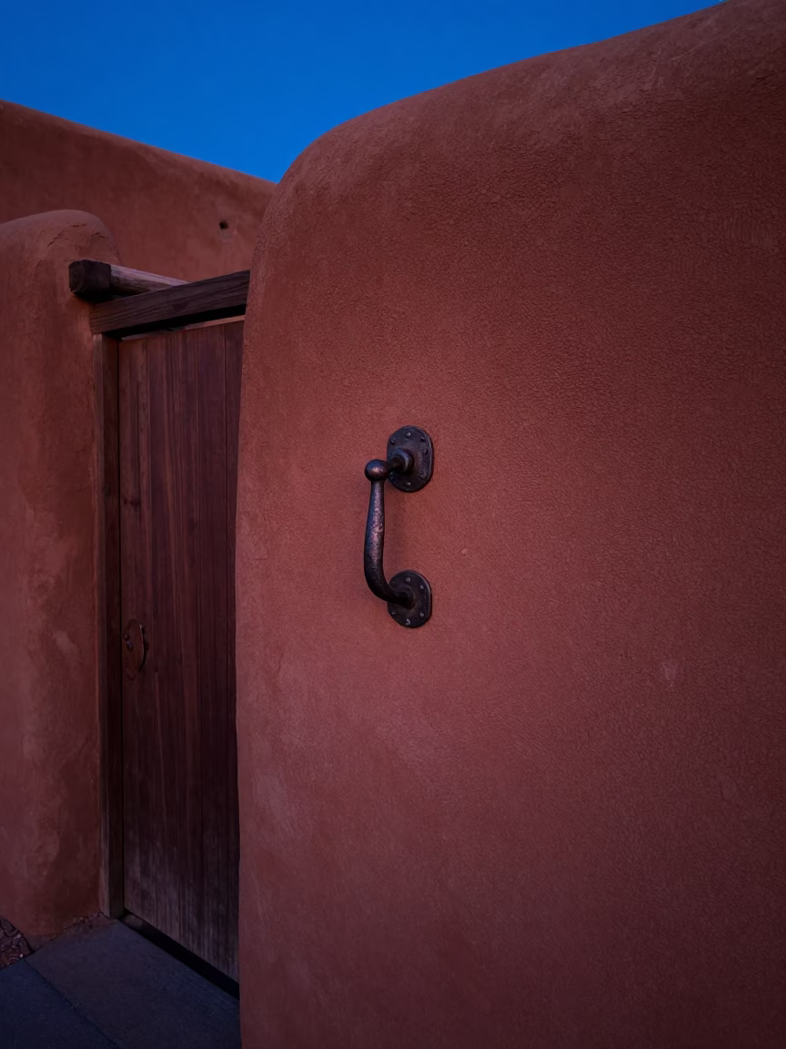 Santa Fe Adobe Gate Handle and Street Corner at Blue Hour in in Santa Fe, New Mexico, United States
