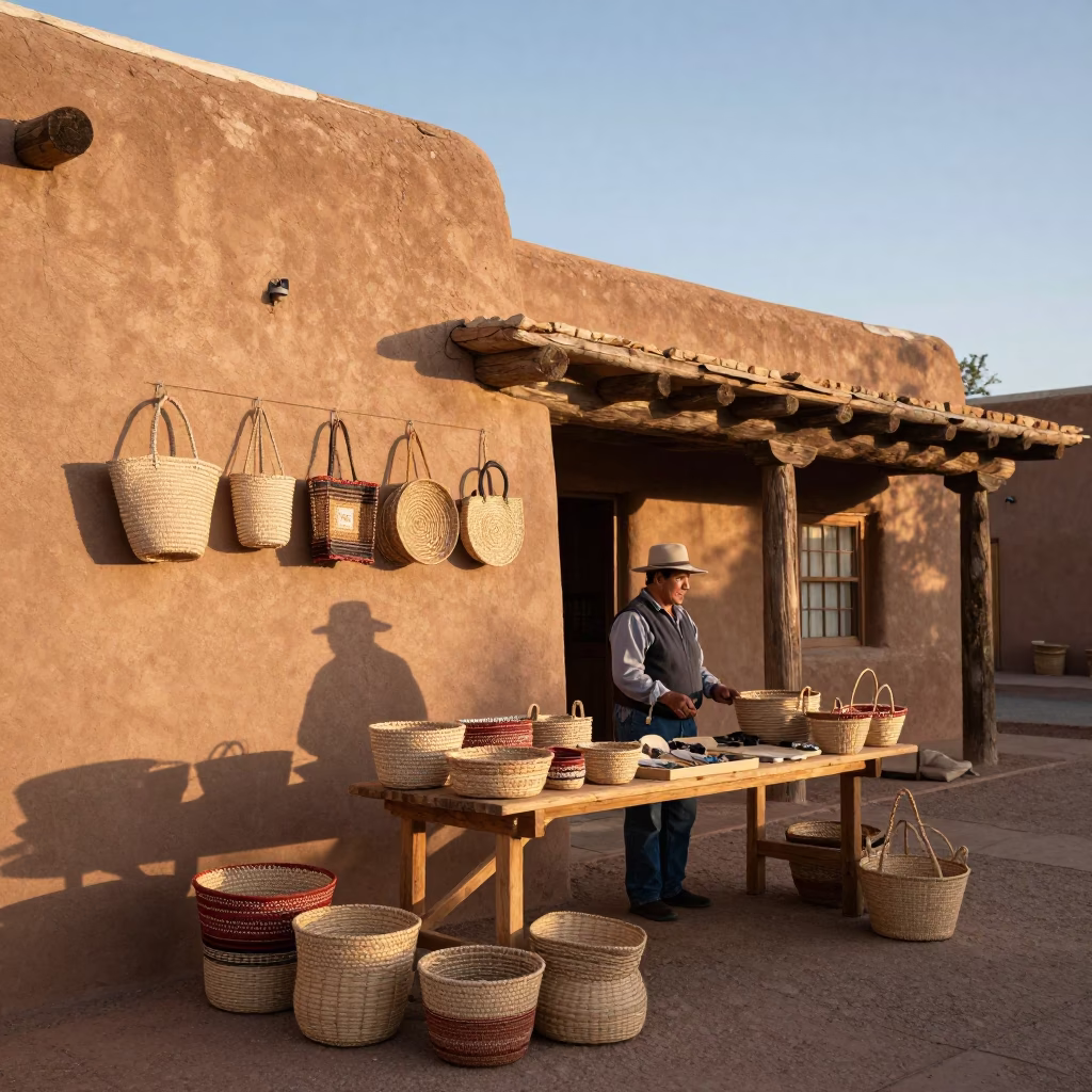 Santa Fe Adobe Market Stall Displaying Woven Baskets in Early Morning Light in in Santa Fe, New Mexico, United States