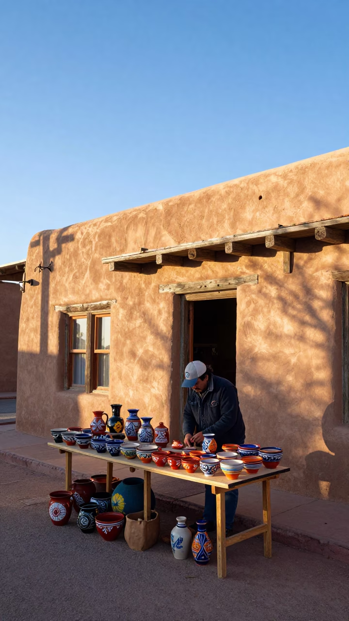 Santa Fe Adobe Market Stall Late Morning Adobes and Colorful Pottery in in Santa Fe, New Mexico, United States
