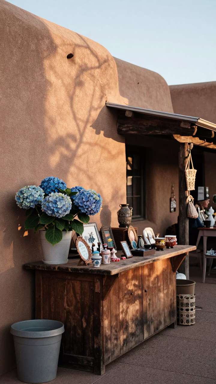 Santa Fe Adobe Market Stall with Hydrangeas and Local Crafts at Dawn in in Santa Fe, New Mexico, United States