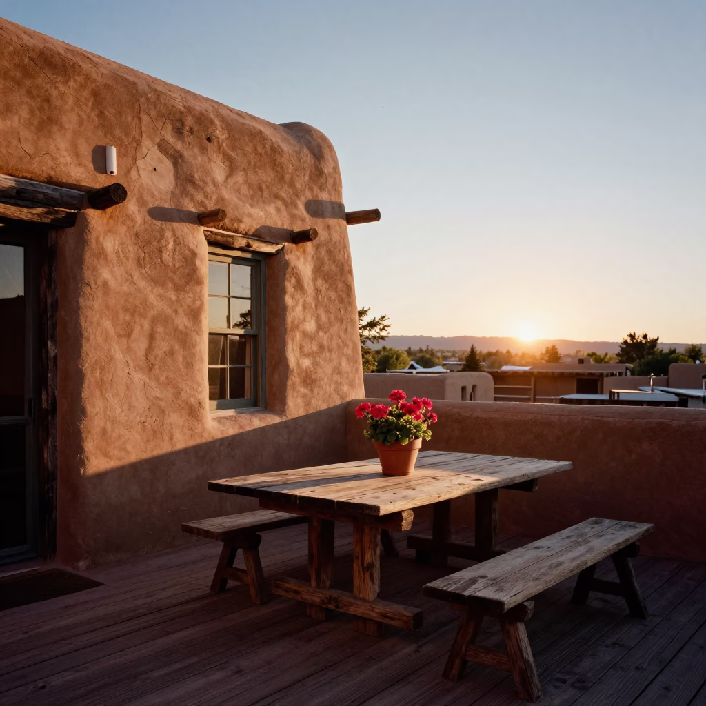 Santa Fe Adobe Patio at Sunset with Potted Geraniums and Gold Accents in in Santa Fe, New Mexico, United States
