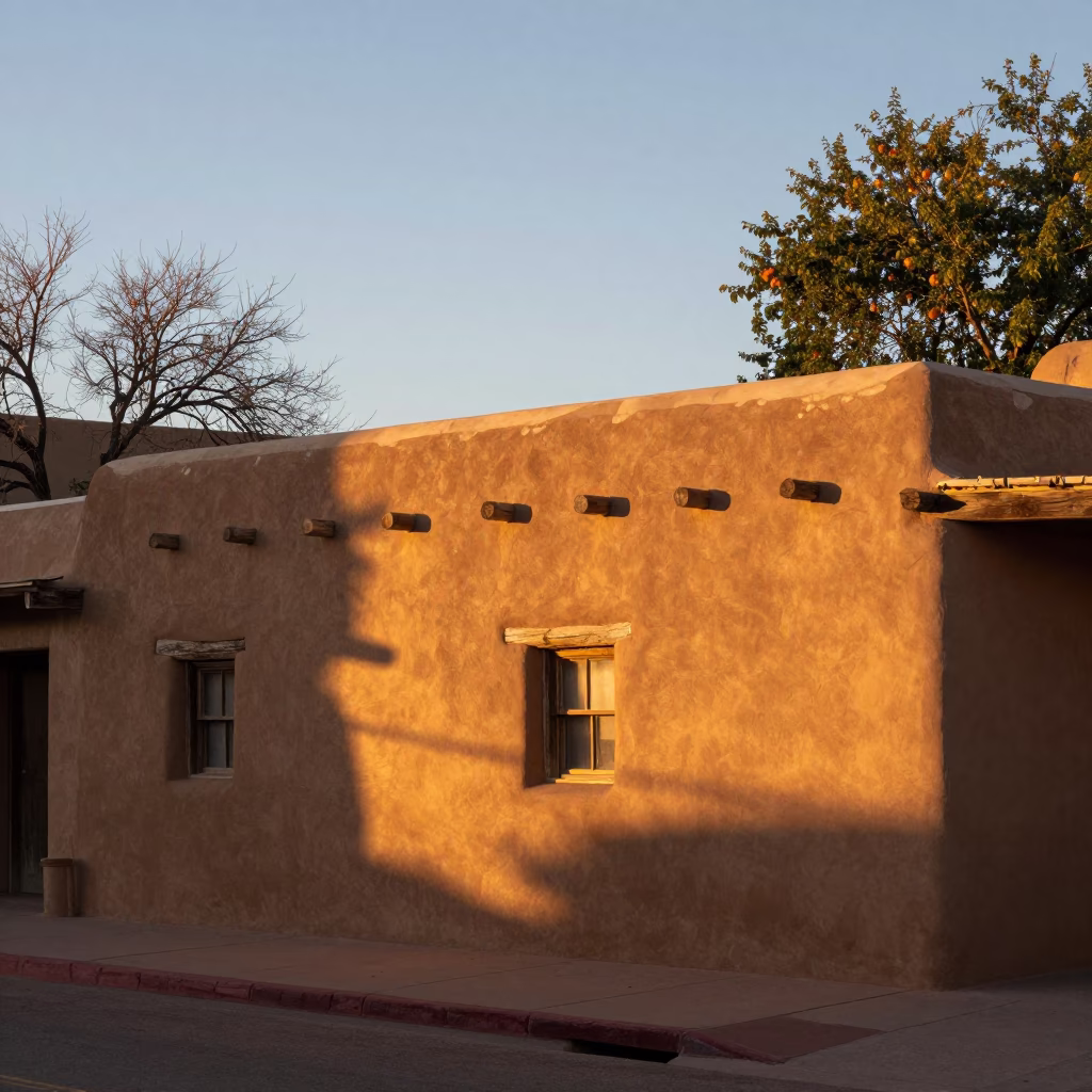 Santa Fe Adobe Patio Evening with Apricots and Golden Light in in Santa Fe, New Mexico, United States