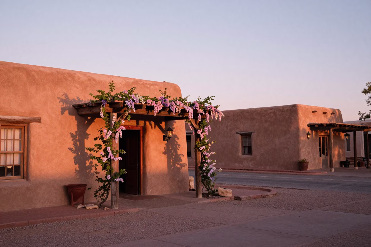 Santa Fe Adobe Plaza at Copper-toned Light Before Dusk in in Santa Fe, New Mexico, United States