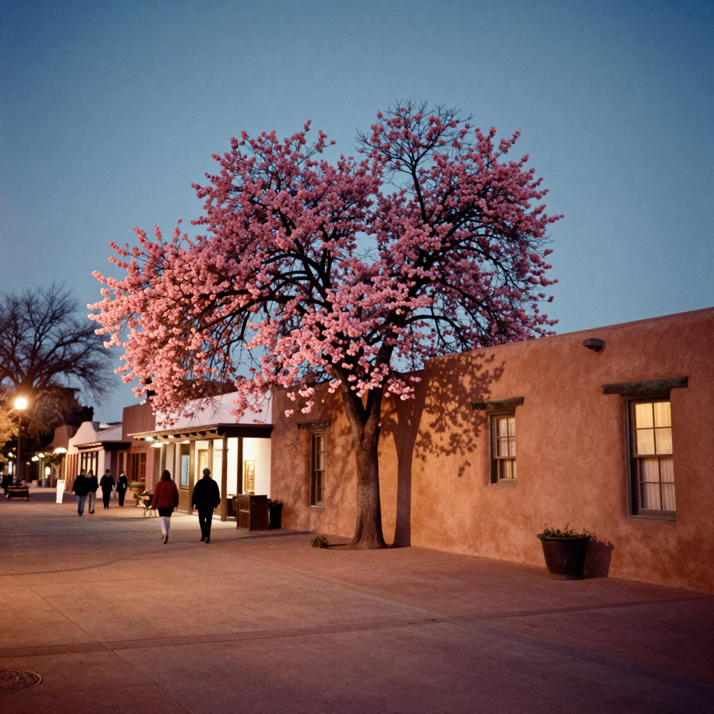 Santa Fe Adobe Plaza at Dusk with Dogwood Tree and Copper Light in in Santa Fe, New Mexico, United States