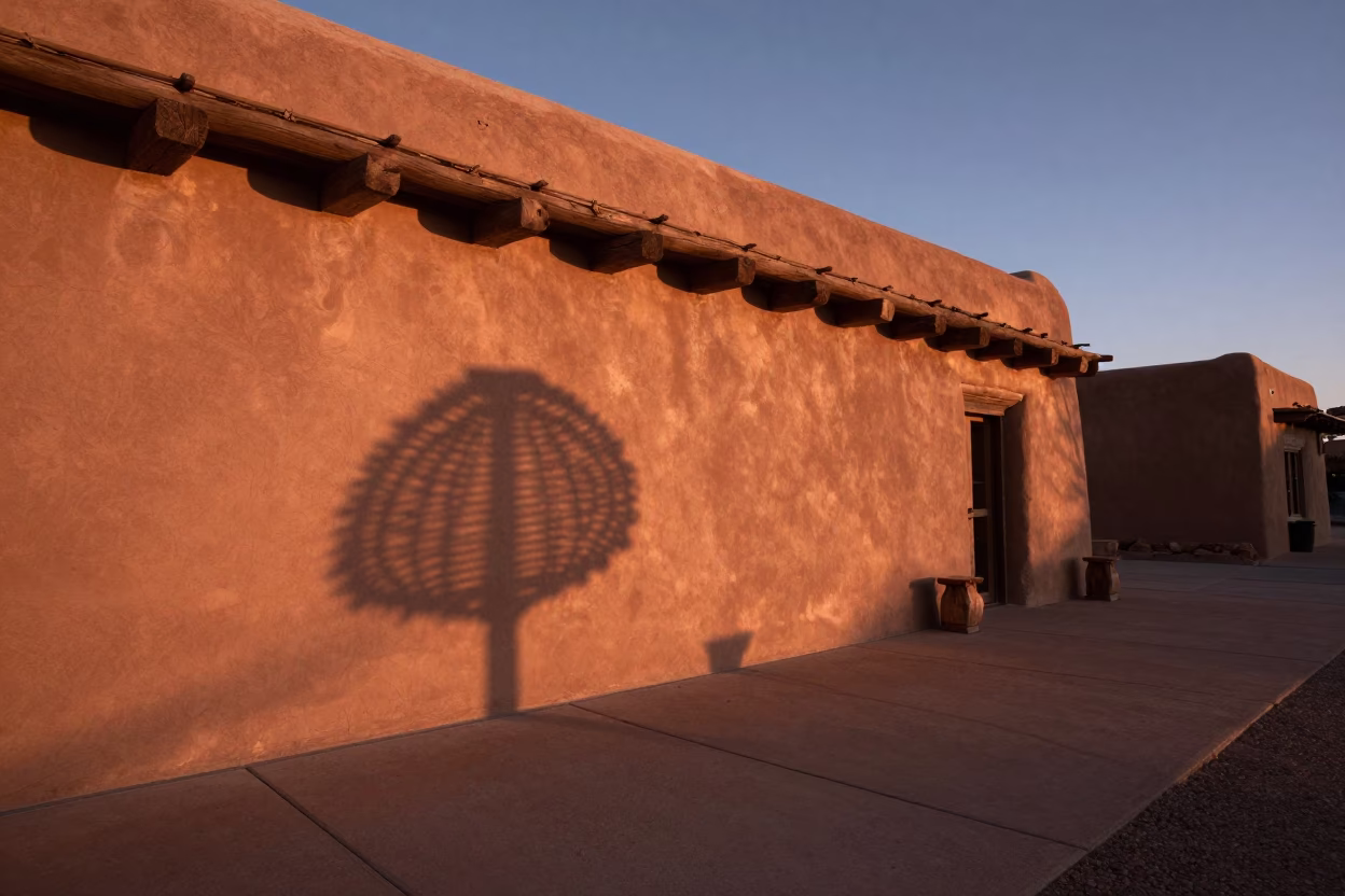 Santa Fe Adobe Plaza at Dusk with Wicker Shadow and Linen Napkin in in Santa Fe, New Mexico, United States