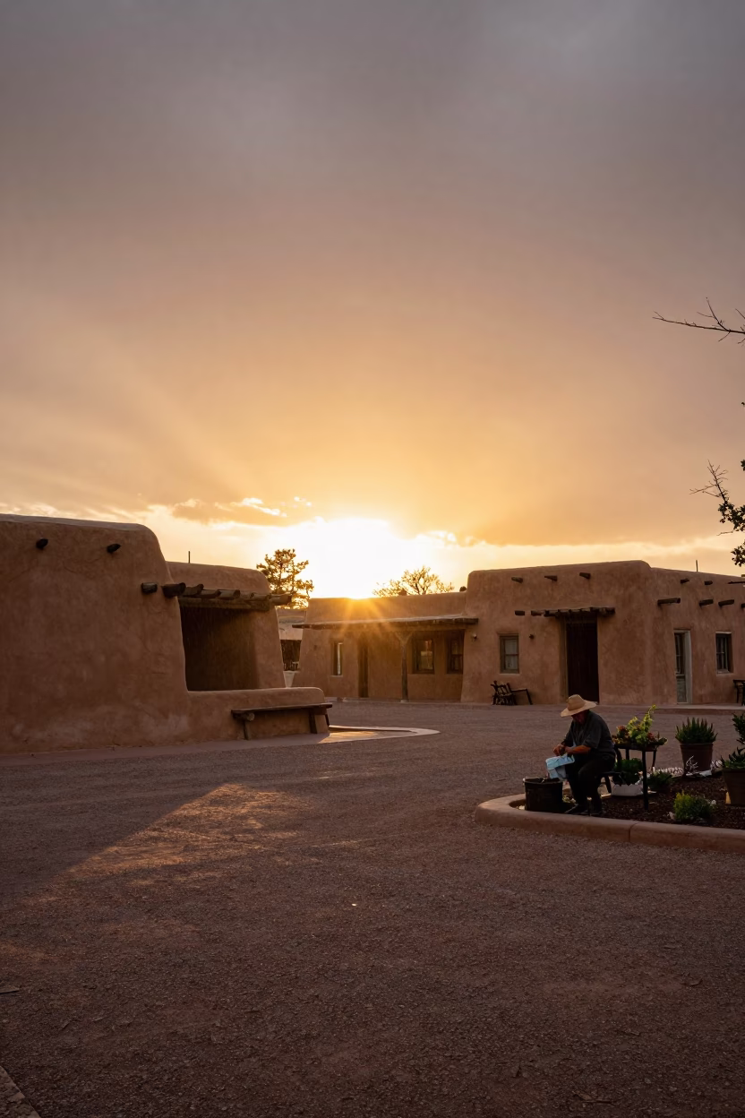 Santa Fe Adobe Plaza at Sunset with Gardener and Rain Boots in in Santa Fe, New Mexico, United States
