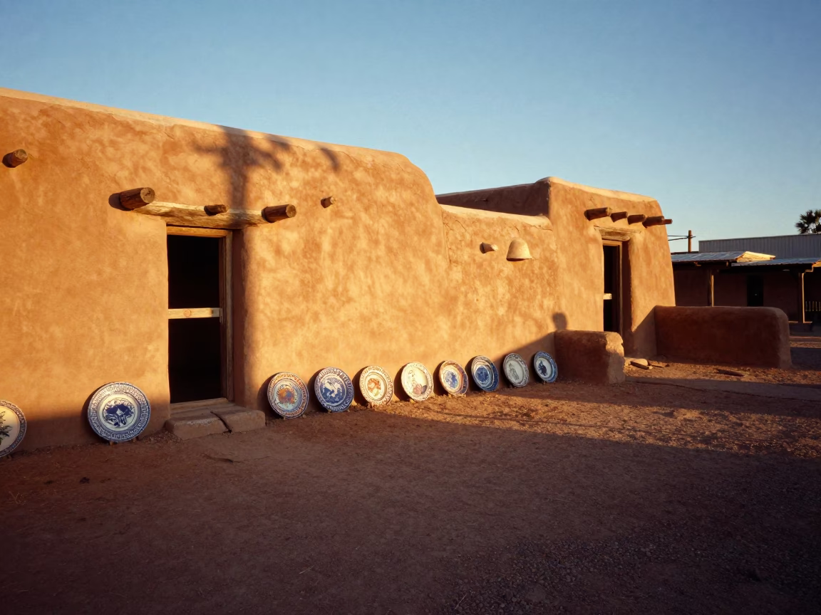Santa Fe Adobe Plaza Late Afternoon Light with Majolica Plates and Woven Textiles in in Santa Fe, New Mexico, United States