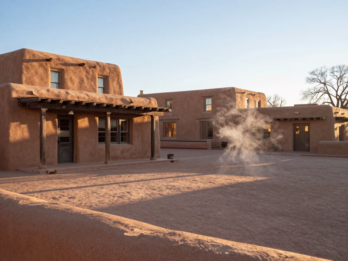 Santa Fe Adobe Plaza Morning Light with Coffee Steam and Aerial Tramway in in Santa Fe, New Mexico, United States