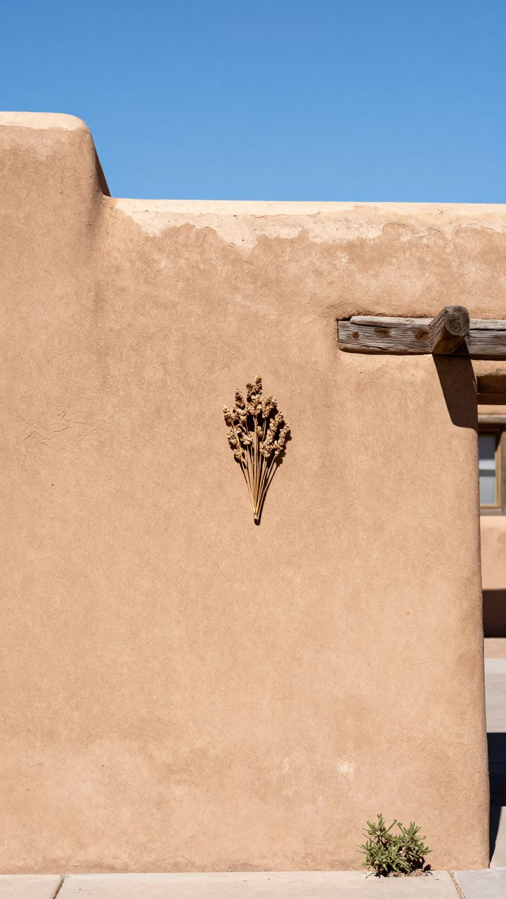 Santa Fe Adobe Plaza Noon Sunlight with Dried Botanical Specimen in in Santa Fe, New Mexico, United States