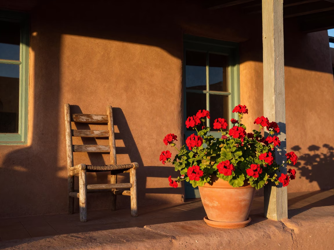 Santa Fe adobe porch summer evening geraniums and ladder back chair in in Santa Fe, New Mexico, United States