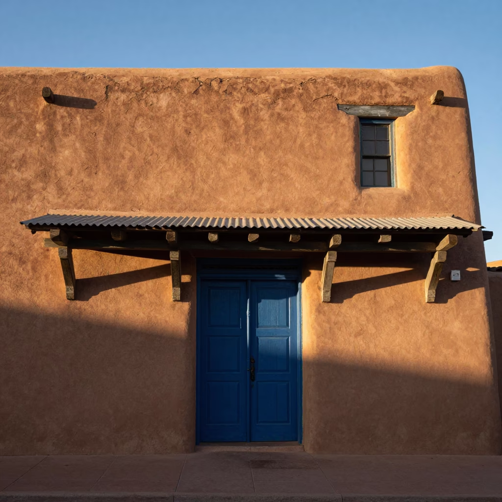Santa Fe Adobe Storefront at As First Light Reaches The Scene in in Santa Fe, New Mexico, United States