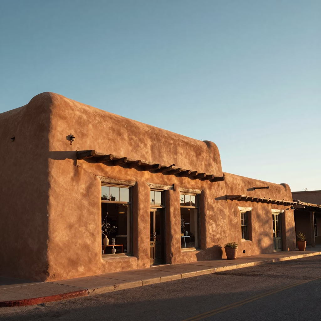 Santa Fe Adobe Storefront at As The Sun Drops Toward The Horizon in in Santa Fe, New Mexico, United States