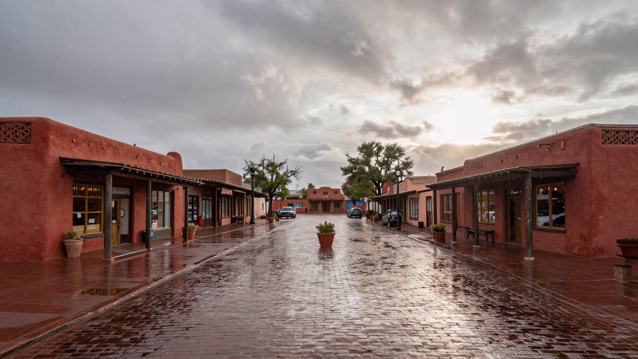 Santa Fe adobe storefront morning rain puddles and local commerce in in Santa Fe, New Mexico, United States