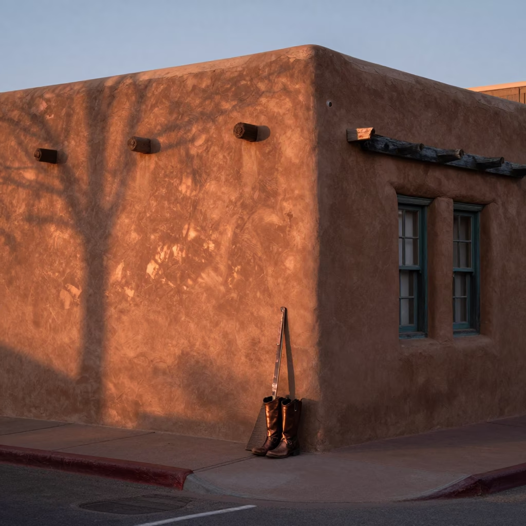 Santa Fe Adobe Street Corner with Boot Scraper and Copper Sunset Light in in Santa Fe, New Mexico, United States