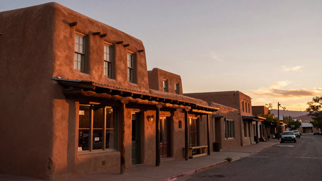 Santa Fe Adobe Street Scene at Sunset with Local Shop Display in in Santa Fe, New Mexico, United States