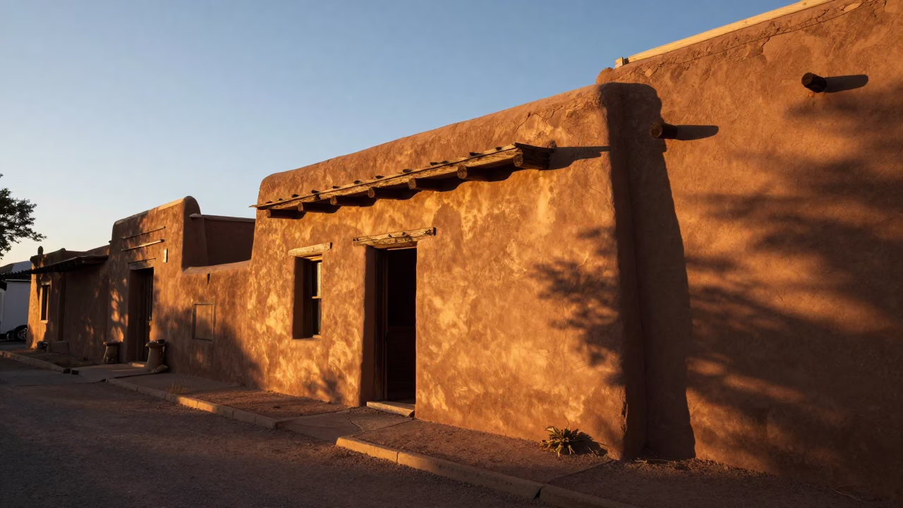 Santa Fe Adobe Street Scene at Sunset with Traditional Pueblo Architecture in in Santa Fe, New Mexico, United States