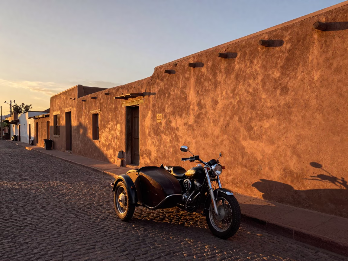 Santa Fe Adobe Street Scene at Sunset with Vintage Motorcycle and Sidecar in in Santa Fe, New Mexico, United States