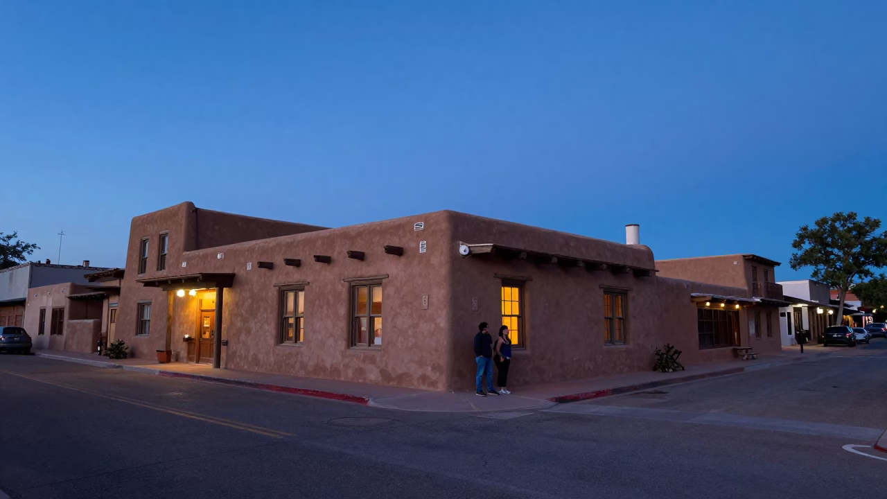 Santa Fe adobe street scene in indigo twilight with local residents near historic plaza in in Santa Fe, New Mexico, United States