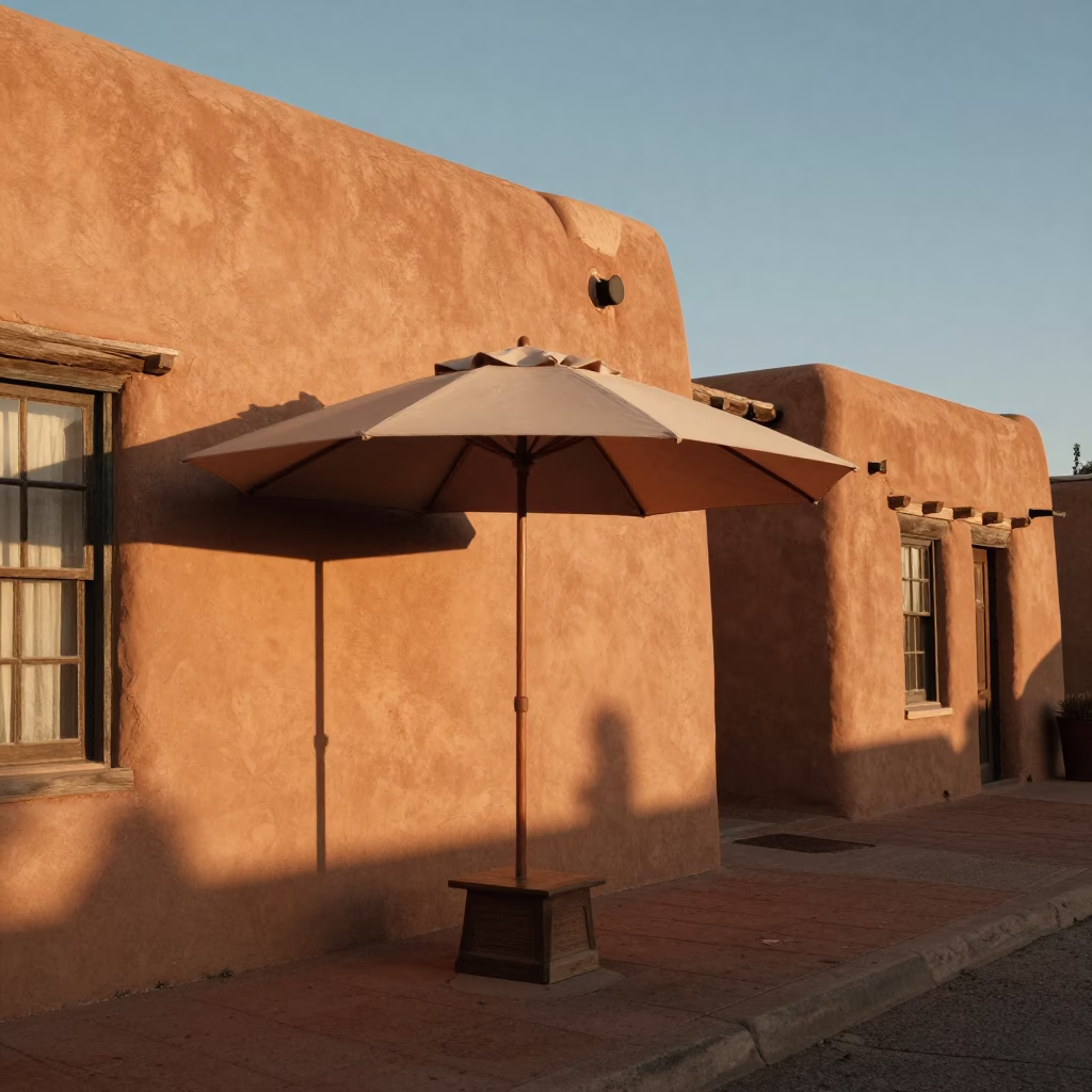 Santa Fe Adobe Street Scene with Umbrella Stand in Honeyed Evening Light in in Santa Fe, New Mexico, United States