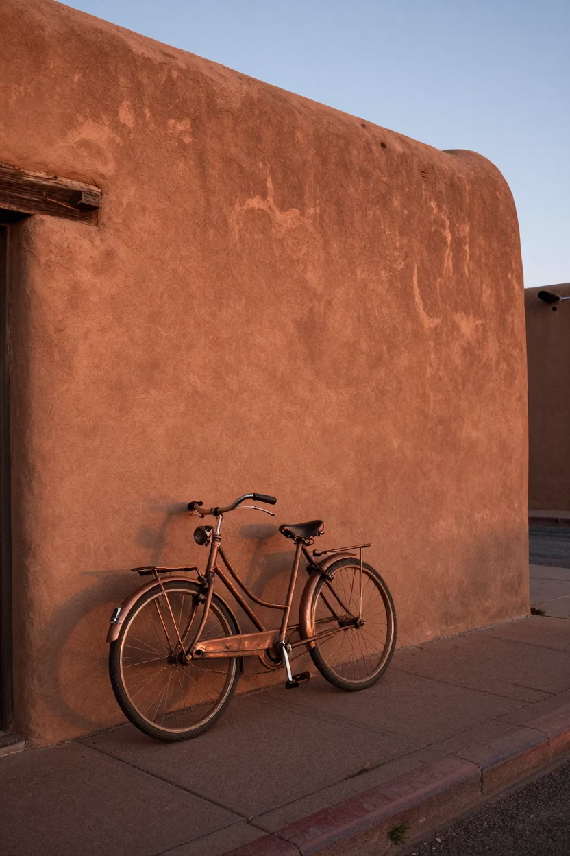 Santa Fe Adobe Street Scene with Vintage Bicycle and Copper Dusk Light in in Santa Fe, New Mexico, United States