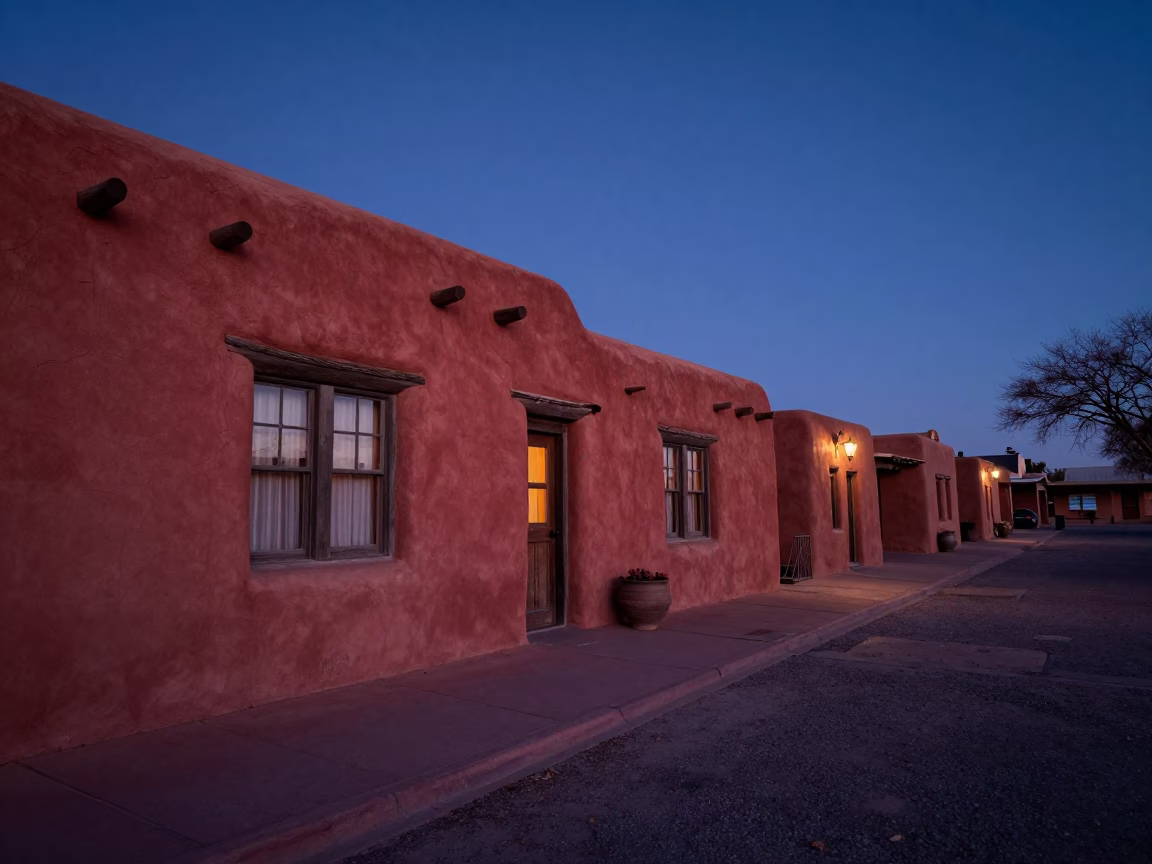 Santa Fe Adobe Streets at The Still Hours Before Dawn Light in in Santa Fe, New Mexico, United States