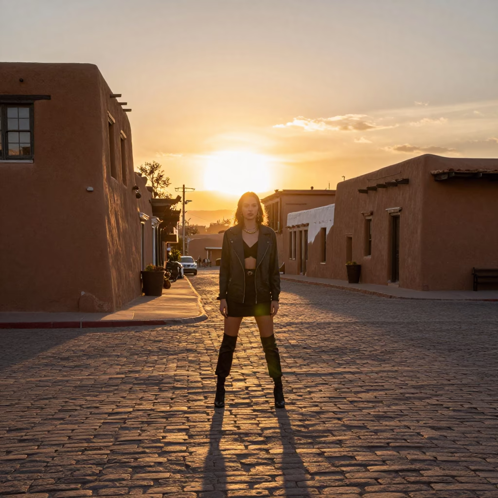 Santa Fe adobe sunset street scene with high fashion model and mechanical pencil in in Santa Fe, New Mexico, United States