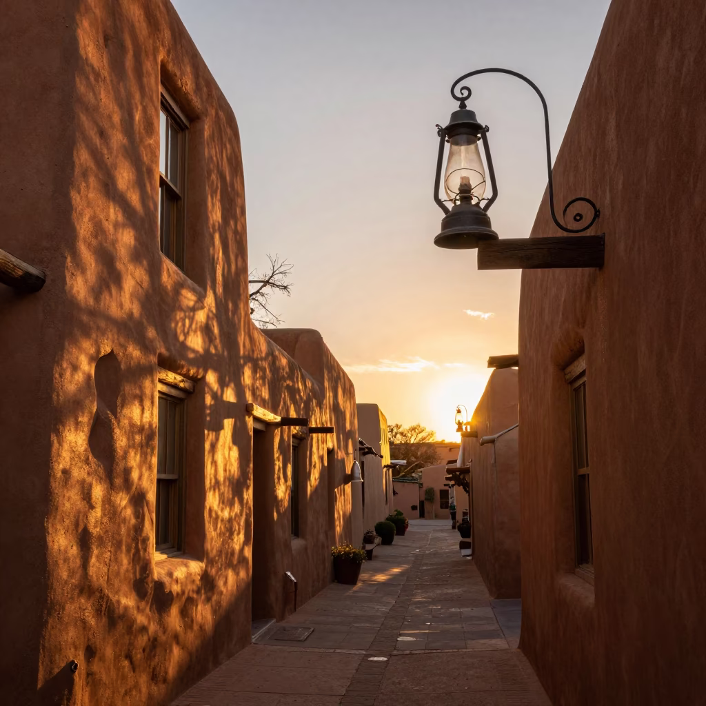 Santa Fe adobe sunset street scene with hurricane lamp and local architecture in in Santa Fe, New Mexico, United States