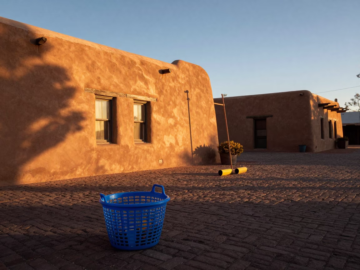 Santa Fe Adobe Sunset with Laundromat Basket and Croquet Mallet in in Santa Fe, New Mexico, United States