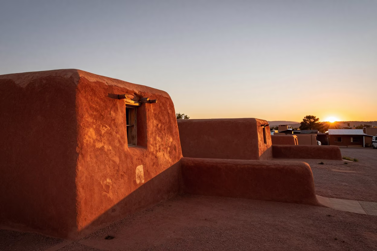 Santa Fe Adobe Sunset with Traditional Adobes and Evening Light in in Santa Fe, New Mexico, United States