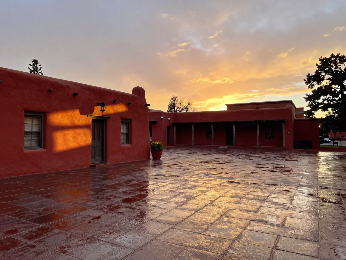 Santa Fe Adobe Sunset with University Cloister Wet Flagstones and Australian Cattle Dog in in Santa Fe, New Mexico, United States